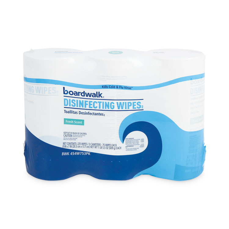Boardwalk®Disinfecting Wipes, 7 x 8, Fresh Scent, 75/Canister, 3