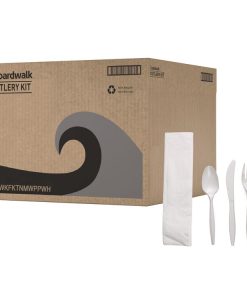 Boardwalk®Four-Piece Cutlery Kit, Mediumweight, Fork/Knife/Napkin/Spoon, Plastic, White, 250/Carton