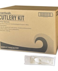 Boardwalk®Four-Piece Polypropylene Cutlery Kit, Mediumweight, Fork/Knife/Napkin/Spoon, Plastic, White, 250/Carton