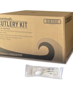Boardwalk®Six-Piece Cutlery Kit, Mediumweight, Fork/Knife/Napkin/Pepper/Salt/Spoon, 5.86", Plastic, White, 250/Carton